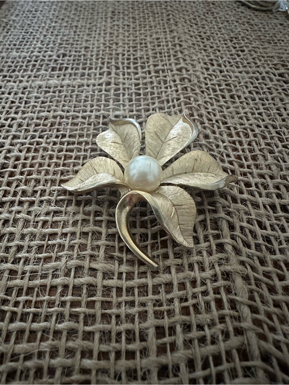 Trifari Gold-Tone Leaf Flower Brooch with Pearl Center